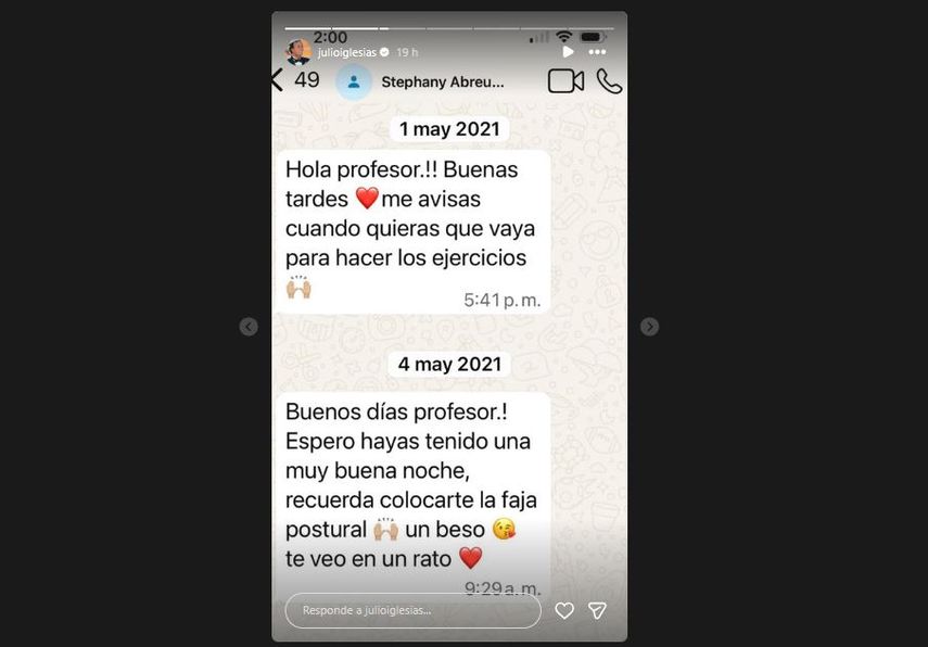 Presunto mensaje enviado por una de las dos exempleadas que presentó una demanda en contra de Julio Iglesias.