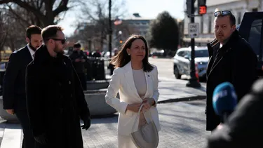 María Corina Machado a su llegada a la Casa Blanca, para reunirse con el presidente de Estados Unidos, Donald Trump.
