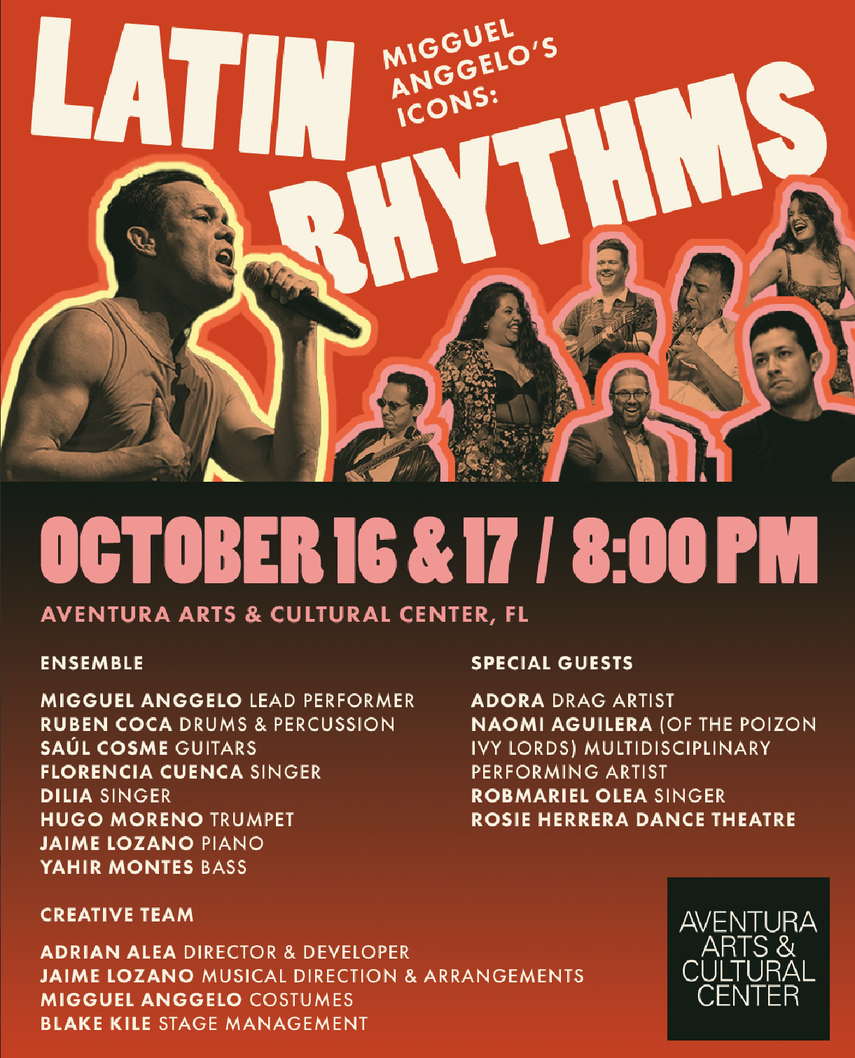 El afiche de ICONS: Latin Rhythms anuncia dos noches de música y celebración latina en el Aventura Arts & Cultural Center.