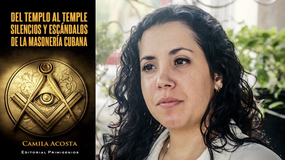 Camila Acosta junto a la portada de su libro. 