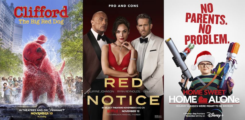 En esta combinación de fotografías el arte promocional de Clifford the Big Red Dog, de izquierda a derecha, que se estrena el 10 de noviembre en Paramount+, Red Notice que se estrena el 12 de noviembre en Netflix, y Home Sweet Home Alone, que se estrena el 12 de noviembre en Disney+.&nbsp;
