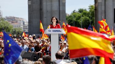 Isabel Díaz Ayuso, presidenta de la Comunidad de Madrid, en acto público el 26 de mayo.