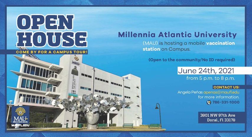 Anuncio de la jornada de vacunación de este 24 de junio en Millennia Atlantic University, Doral, Florida.&nbsp;