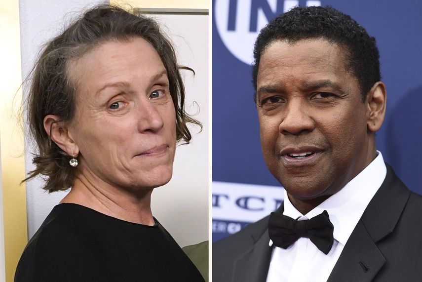 En esta combinación de fotografías Frances McDormand, izquierda, posa en la sala de prensa de los Oscar el 25 de abril de 2021, en Union Station en Los Angeles y Denzel Washington llega a la 47 entrega del Premio AFI a la trayectoria el 6 de junio de 2019 en Los Angeles. El Macbeth de Coen abrirá el Festival de Cine de Nueva York.