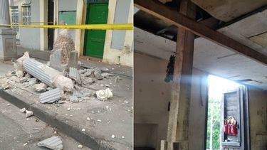 La columna que se desplomó en Cuba y la vivienda con el techo apuntalado.&nbsp;