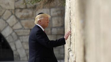 En el Muro, Trump, con la cabeza cubierta como es preceptivo por una kipá (solideo judío), rezó unos instantes mientras tocaba las grandes piedras.