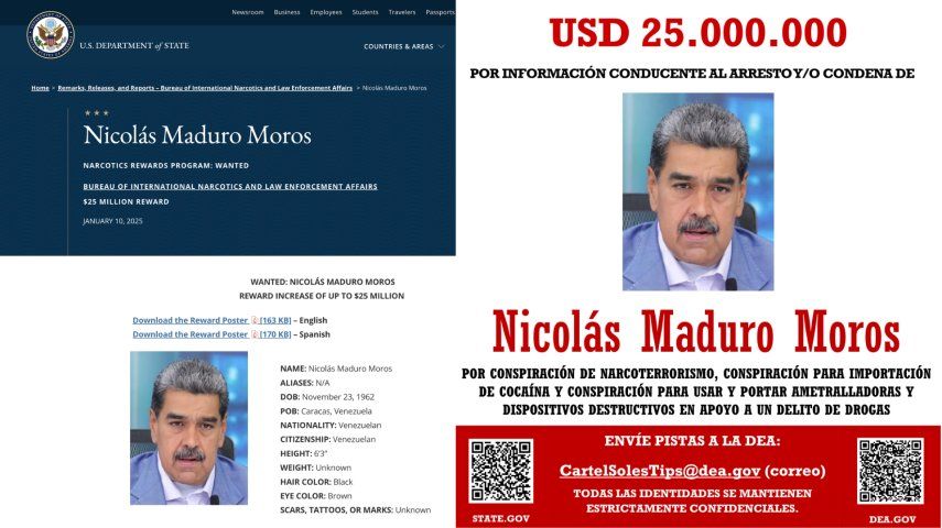 Recompensa por Nicolás Maduro.&nbsp;