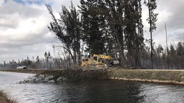 Personal de mantenimiento de Miami-Dade limpia la zona afectada por el incendio.