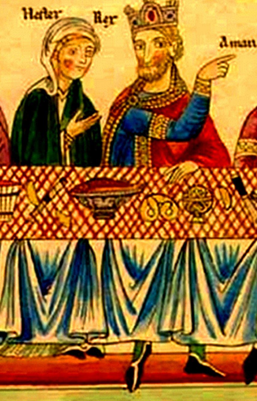 Miniatura del Hortus Deliciarum, El jardín de las delicias en español, que data de 1190, el códice más antiguo que se conoce hecho por una mujer. A la derecha del rey Asuero se ve el brezel.&nbsp;