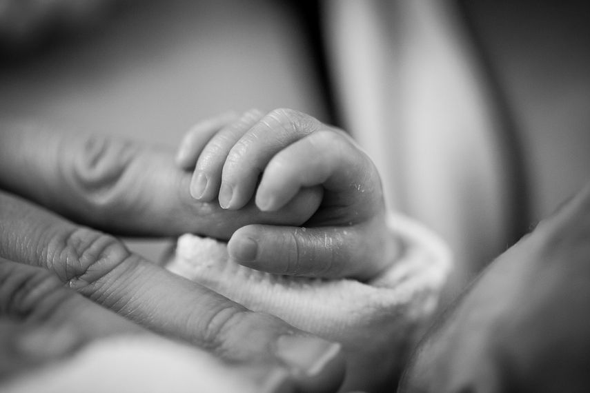 La mano de un bebé recién nacido se aferra a sus padres.