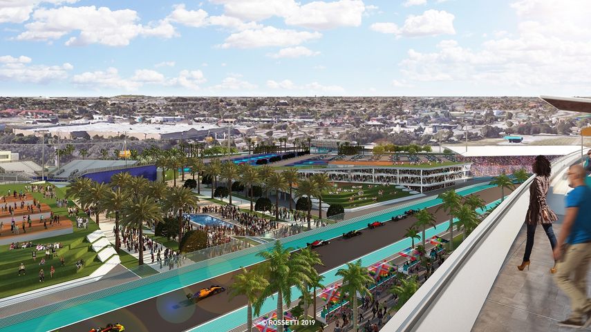 Imagen digital del proyecto para las&nbsp;tribunas del circuito previsto para el Grand Prix de F1 en el Hard Rock Stadium en Miami.