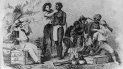 Reproducción de un grabado en madera (1854) de Brantz Mayer, que representa a un hombre africano que es inspeccionado por un hombre blanco mientras otro hombre habla con traficantes de esclavos.  