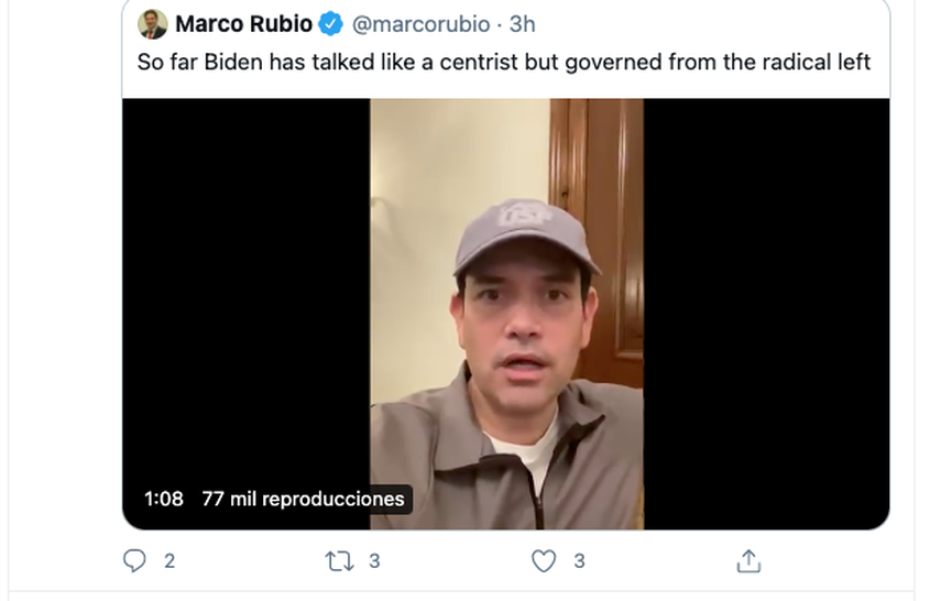Screen shot del twitter del senador Marco Rubio.&nbsp;