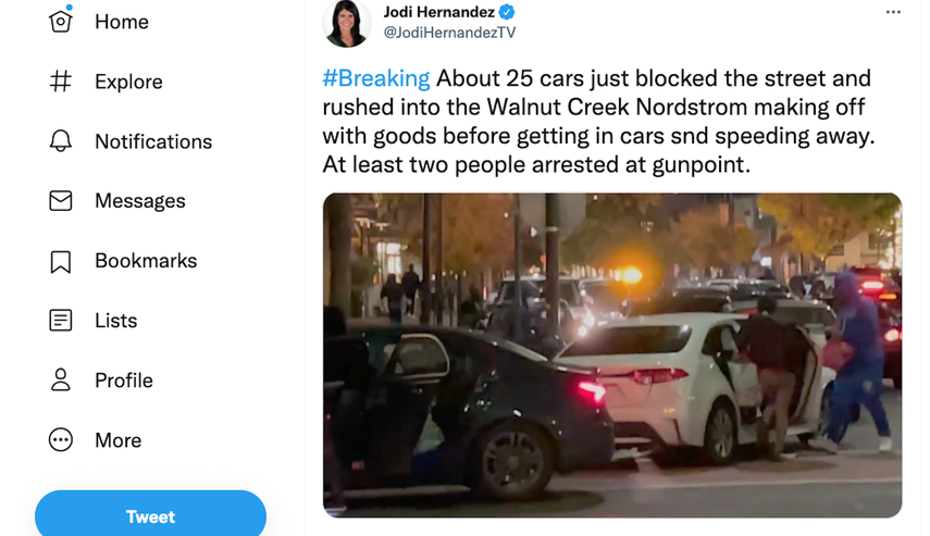 Jodi Hernandez, reportera de NBC Bay Area, tuiteó que vio a los ladrones ingresar a la tienda en el distrito comercial en California.&nbsp;