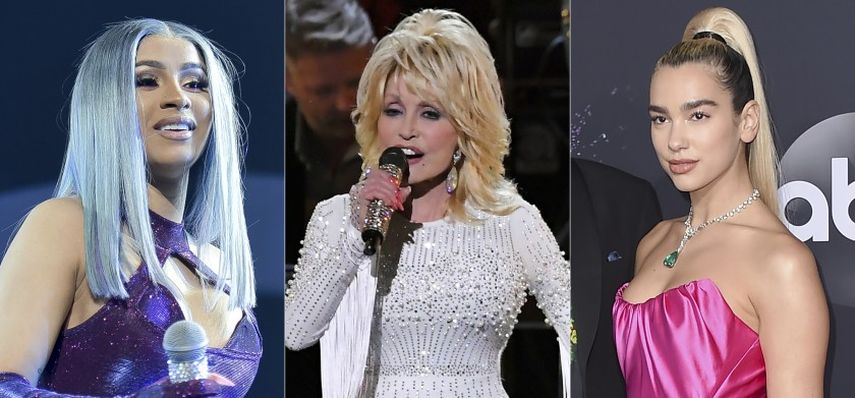 En esta combinación de fotografías Cardi B en el evento BET Experience 2019 en Los Angeles el 22 de junio de 2019, de izquierda a derecha, Dolly Parton durante su presentación en la 53 entrega anual de los premios CMA en Nashville, Tennessee el 13 de noviembre de 2019 y Dua Lipa en los American Music Awards en Los Angeles el 24 de noviembre de 2019.&nbsp;
