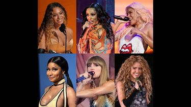Esta combinación de fotografías muestra a las nominadas a Artista del año en los premios MTV Video Music Awards: Beyoncé, Doja Cat, Karol G, Nicki Minaj, Taylor Swift y Shakira.