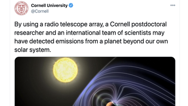Una captura de pantalla de la publicación en la cuenta de Twitter de Cornell, donde se presenta el estudio sobre una probable señal de radio proveniente de un exoplaneta, el 17 de diciembre de 2020.&nbsp;