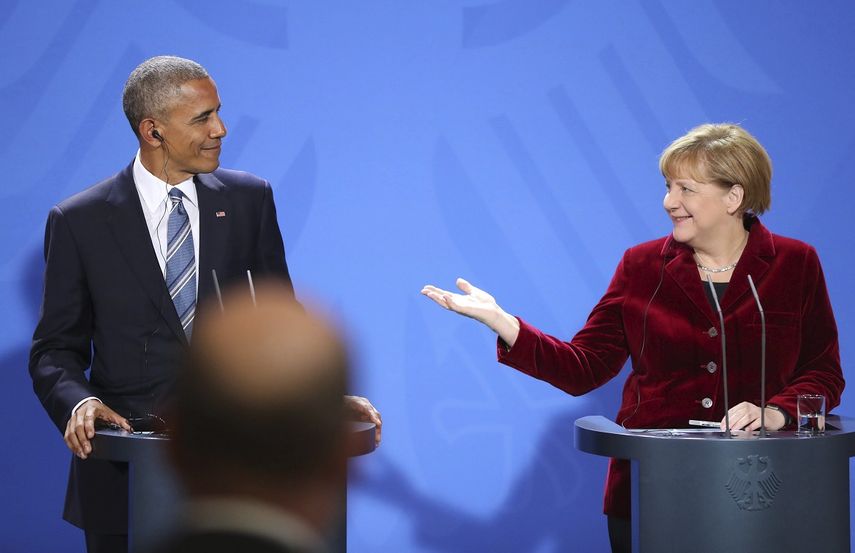 La canciller alemana, Angela&nbsp;Merkel, y el presidente de los Estados Unidos, Barack Obama, durante una rueda de prensa en la Cancillería de Berlín