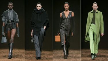 Esta combinación de imágenes creada el 08 de marzo de 2025 muestra a modelos presentando creaciones de Hermès para la colección de prêt-à-porter femenino otoño-invierno 2025/2026 en el marco de la Semana de la Moda de París, en París el 8 de marzo de 2025. 