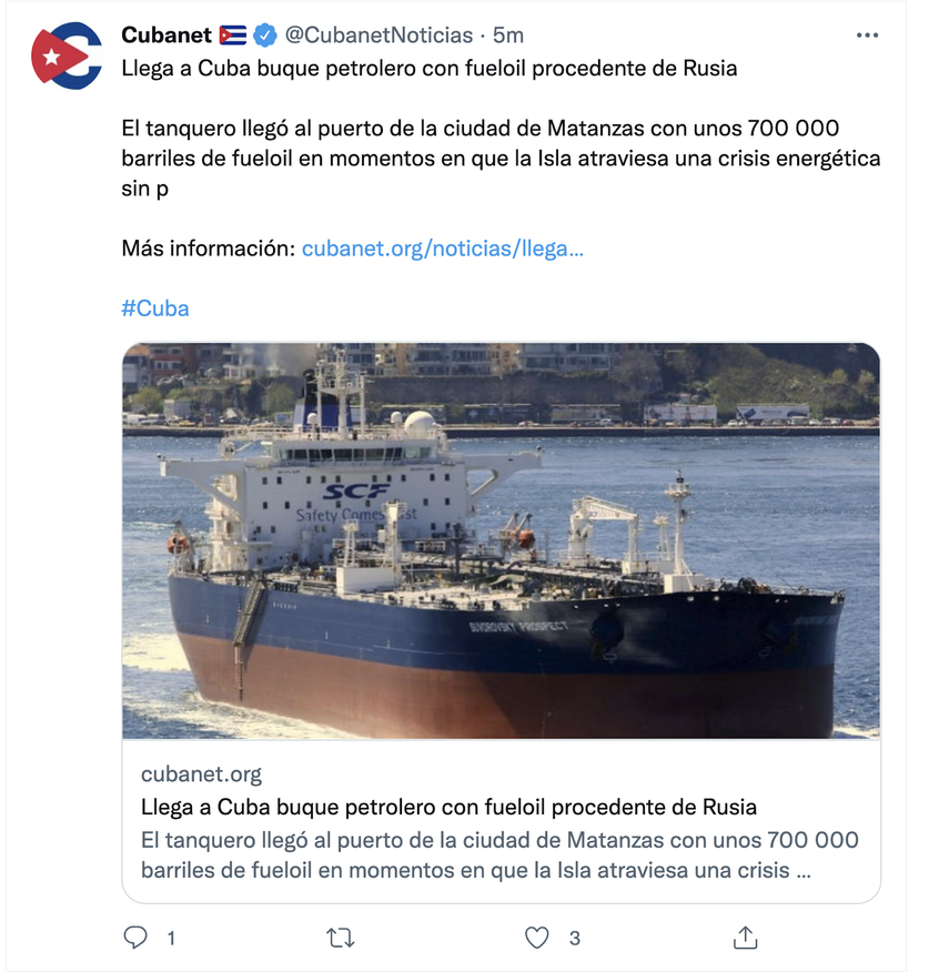 Captura de pantalla de un tuit de Cubanet donde se muestra el tanquero Aframax Suvorovsky Prospect.