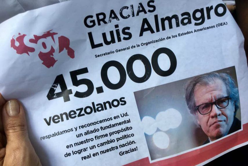 Los integrantes de la alianza Soy Venezuela entregaron un  documento con 45.000 firmas en respaldo al secretario general de este  organismo, Luis Almagro, por luchar por la democracia en el país  caribeño.