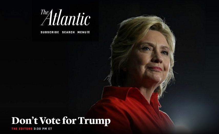 Imagen con la que la publicación estadounidense The Atlantic ofreció su apoyo a la candidata demócrata Hillary Clinton.