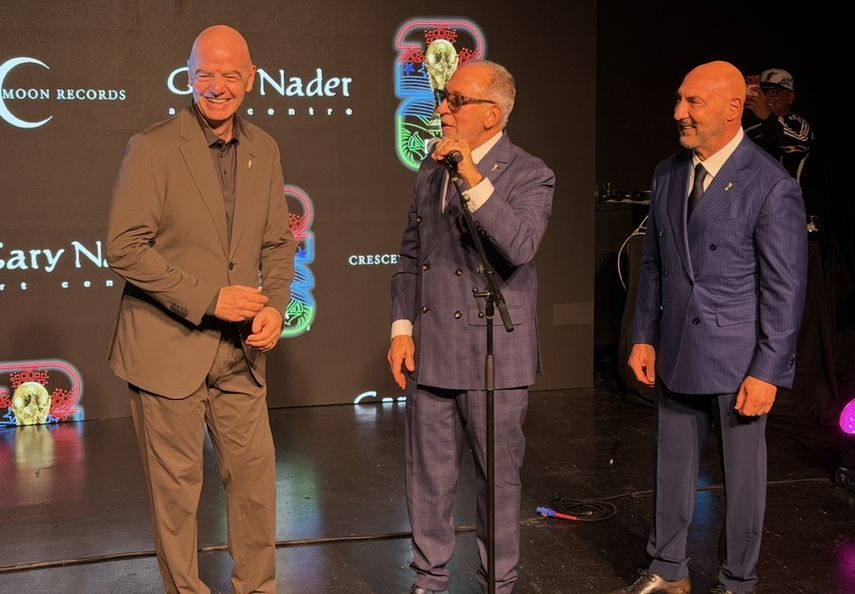 Gianni Infantino, Emilio Estefan y el reconocido galerista Gary Nader.