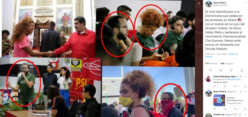 En este captura de pantalla se observa a Hellen Pe&ntilde;a cuando saluda a Maduro, y a Douglas Rangel participando en la instalaci&oacute;n de la brigada internacionalista Che Guevara. Posteriormente se observa a ambos participar en una de las protestas en Miami.