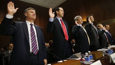 Michael D. White, Chairman and Chief Executive Officer of DirecTV; Randall L. Stephenson, President and Chief Executive Officer of AT&T; Christopher Keyser, President, Writers Guild of America West; Matthew F. Wood, Policy Director, Free Press; Larry D