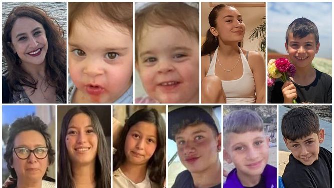 Los 11 rehenes israelíes liberados del cautiverio de Hamas. En la foto iniciando en las fotos de arriba y de izquierda a derecha don: Sharon Aloni Cunio y sus hijos Emma y Yuli. Los hermanos Sahar y Erez Calderón. Karina Engel-Bart y sus hijos Mika y Yuval. Los hermanos Yagil y Or Yaakov - Eitan Yahalomi.