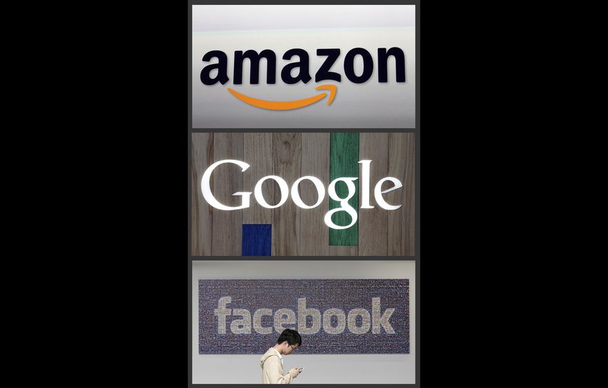 Logos de Amazon, Google y Facebook, tres de las grandes empresas tecnológicas que están siendo investigadas por la unidad antimonopólica del Departamento de Justicia de EEUU.