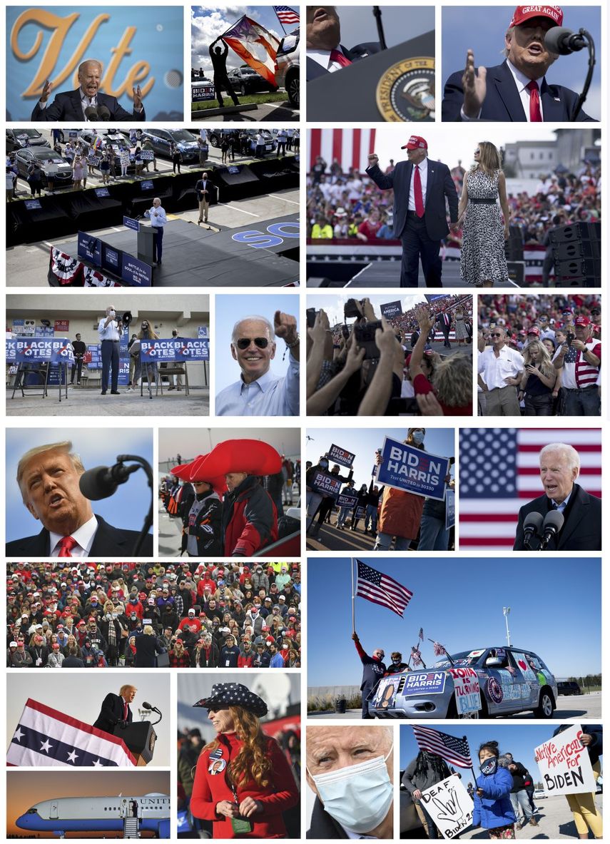 Esta combinación de imágenes creadas el 31 de octubre de 2020 muestra al presidente de Estados Unidos, Donald Trump, y al candidato presidencial demócrata Joe Biden, durante eventos de campaña en competencia en estados clave entre el 29 y el 31 de octubre de 2020.