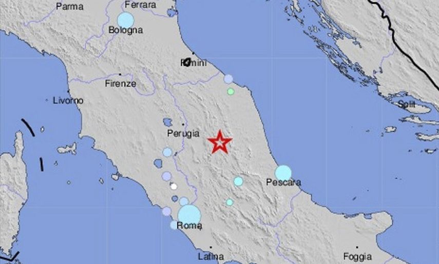 Fotografía cedida por el Servicio Geológico de los Estados Unidos (USGS) que muestra el lugar donde se produjo un&nbsp;terremoto superior a los 5 grados en la escala Ritcher en Perugia,&nbsp;Italia.