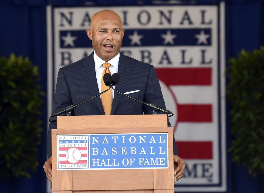 Mariano Rivera, el expitcher de los Yanquis de Nueva York, da su discurso al ser exaltado al Salón de la Fama del béisbol, el domingo 21 de julio de 2019, en Cooperstown, Nueva York.