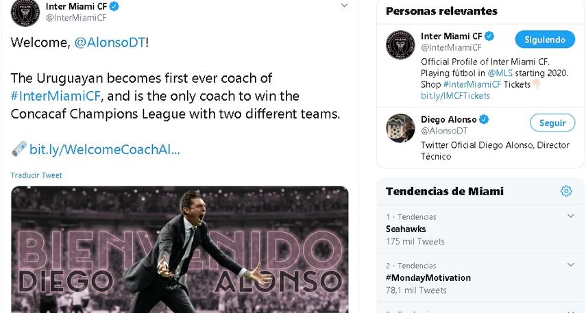 El uruguayo Diego Alonso, con experiencia como entrenador en el f&uacute;tbol de su pa&iacute;s, en Paraguay y M&eacute;xico, ser&aacute; el encargado de dirigir al equipo de Miami en la MLS