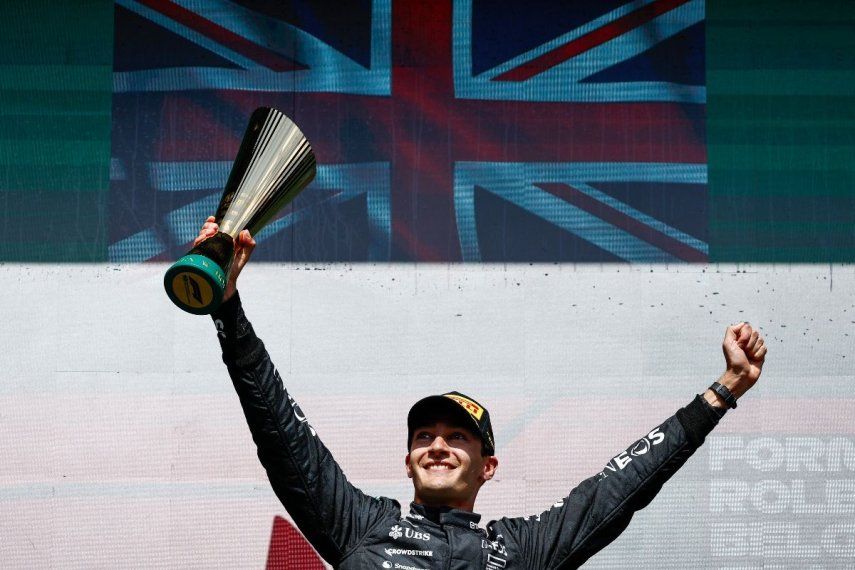 El piloto británico de Mercedes, George Russell, celebra después del Gran Premio de Bélgica de Fórmula 1 en el circuito de Spa-Francorchamps en Spa, el 28 de julio de 2024.&nbsp;