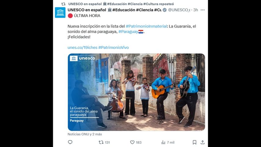 Unesco declara la guarania como Patrimonio Cultural Inmaterial de la Humanidad.