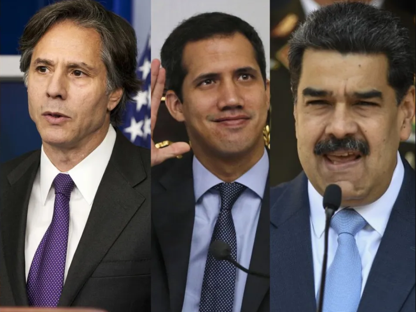 El secretario de Estado, Antony Blinken; el presidente interino de Venezuela, Juan Guaidó; y el doictador Nicolás Maduro.