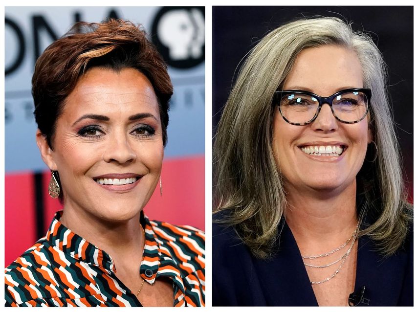 A la izquierda, la candidata republicana a gobernadora de Arizona, Kari Lake, en un debate televisado por PBS el 29 de junio de 2022 en Phoenix; y la aspirante demócrata Katie Hobbs antes de una entrevista televisada, en Phoenix el 18 de octubre de 2022.&nbsp;