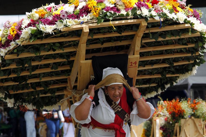 Una mujer carga su pesada silleta en la Feria de las Flores de Medellín, edición 2025.