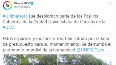 Mensaje enviado por las redes sociales sobre el desplome del pasillo.&nbsp;