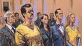 Fotografía de un dibujo realizado por la artista Jane Rosenberg donde aparece el abogado Barry Pollack (atrás); el depuesto dictador de Venezuela, Nicolás Maduro (i); la abogada Anna Estevano (c-i); el abogado Mark Donnelly (c-d) y Cilia Flores asistiendo a una audiencia este miércoles, en Nueva York (Estados Unidos).&nbsp;