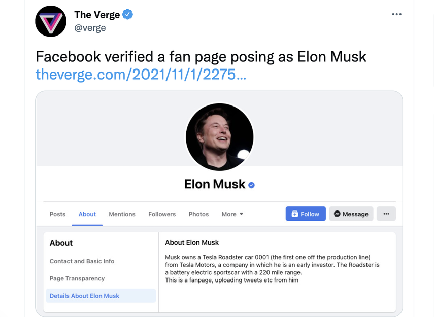 En esta imagen compartida en Twitter por The Verge se aprecia el perfil en Facebook que fue verificado por error, y que no corresponde a la cuenta oficial de Elon Musk.&nbsp;
