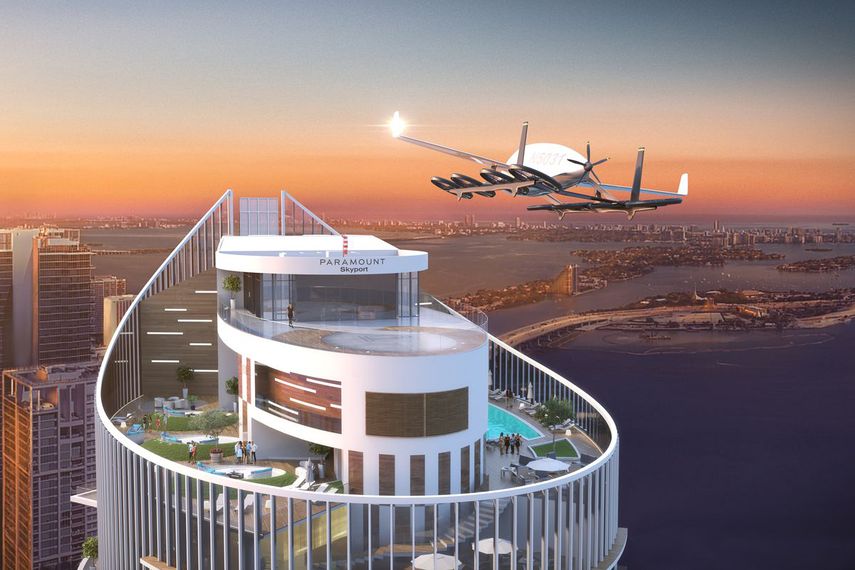 Interpretación asrtística del auto volador aterrizando en la azotea de la torre Paramount.