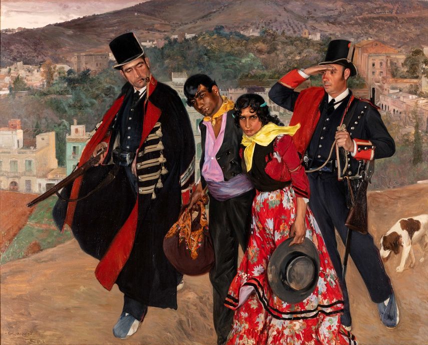 Un Óleo sobre lienzo de Carlos Vázquez Úbeda (1869-1944) que lleva por nombre Mozos de escuadra (Policía catalana deteniendo a una pareja gitana), 1906. La obra se encuentra en el Museo Meadows, SMU, Dallas.