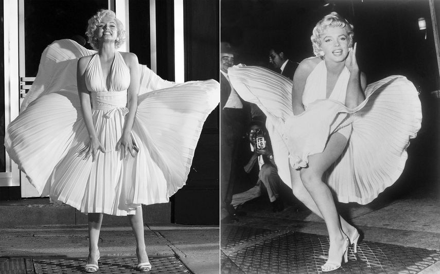 En esta combinación de fotografías, Ana de Armas como Marilyn Monroe en una escena de Blonde, y Marilyn Monroe posando en la filmación de The Seven Year Itch en Nueva York el 9 de septiembre de 1954.