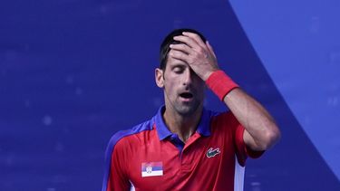 Novak Djokovic reacciona durante el partido por el bronce en el tenis masculino frente a Pablo Carreño Busta, en los Juegos de Tokio, el 31 de julio de 2021, en Tokio, Japón.&nbsp;