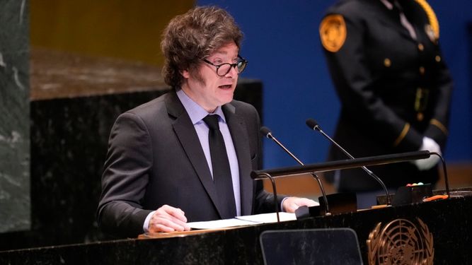 El presidente de Argentina, Javier Gerardo Milei, se dirige al 79º período de sesiones de la Asamblea General de las Naciones Unidas en la sede de las Naciones Unidas, el martes 24 de septiembre de 2024.