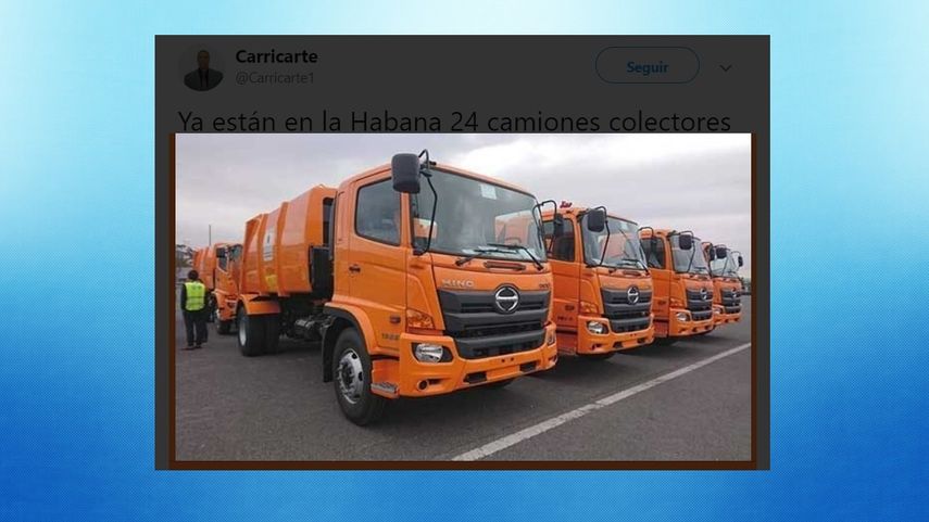 Forografía de los camiones colectores de basura recibidos en La Habana como parte de un&nbsp;proyecto conjunto con la Agencia Internacional de Japón para la Cooperación, publicada en la cuenta de Twitter de&nbsp;Antonio Luis Carricarte Corona, viceministro primero del Comercio Exterior y la Inversión Extranjera en la Isla.