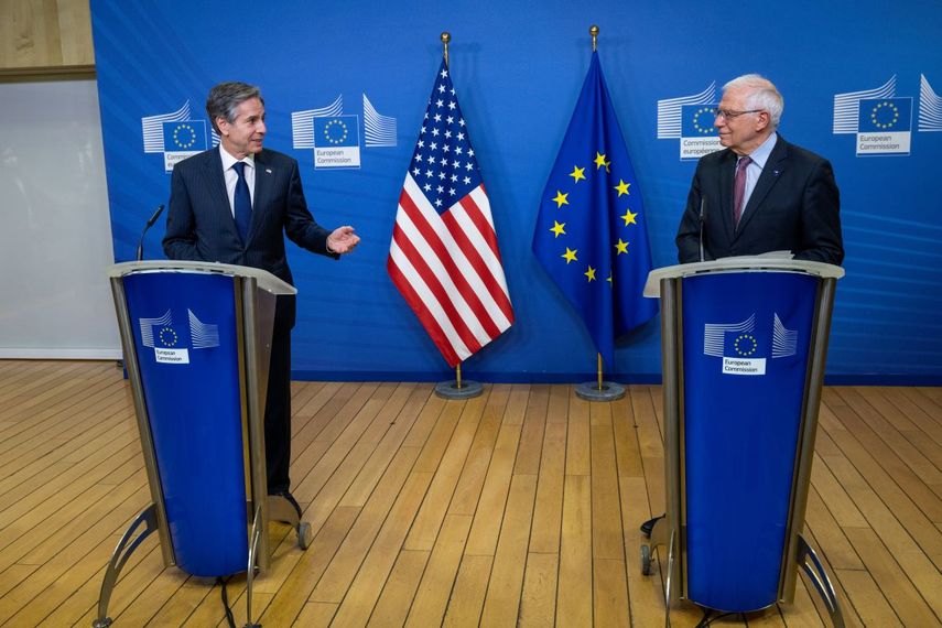 Antony Blinken y Josep Borrell el 24MAR21 en Bruselas, Bélgica.